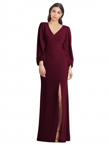 Long Puff Sleeve V-Neck Trumpet Evening Maxi Dress