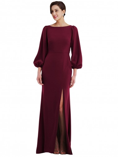 Bishop Sleeve Open Back Trumpet Crepe Evening Dress with Scarf Tie