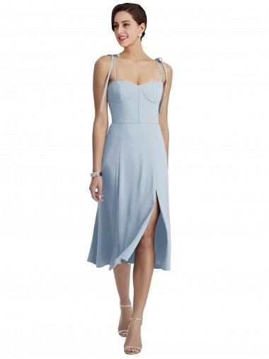 Midi Cocktail Length Bustier Crepe Evening Dress with Back Bow Straps