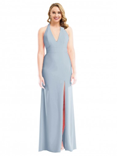 Plunge Neck Halter Backless Trumpet Evening Dress with Front Slit