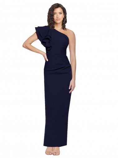 Ruched Floor Length Long Crepe Evening Dress with Shoulder Ruffles
