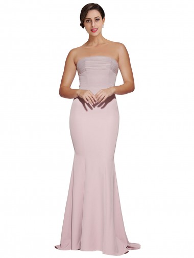 Straight Neck Long Strapless Crepe Evening Dress with Soft Tulle Overlay and Small Train