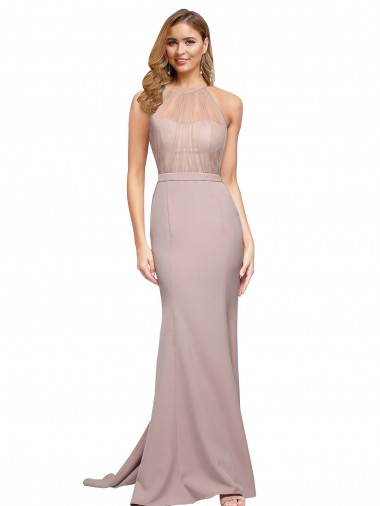 Long Sweetheart Crepe Evening Dress with High Neck Illusion Tulle Details