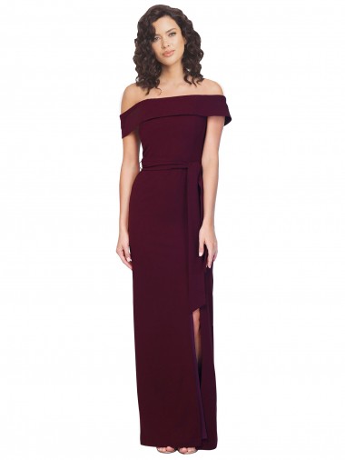 Fitted Full Length Off the Shoulder Crepe Evening Dress with Side Split and Waist Tie