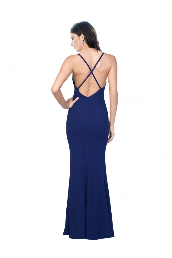 Full Length V-Neckline Crepe Evening Dress with Thin Straps and Fulted Skirt