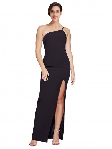 Long Floor Length Crepe Evening Dress with Side Split and One Strap