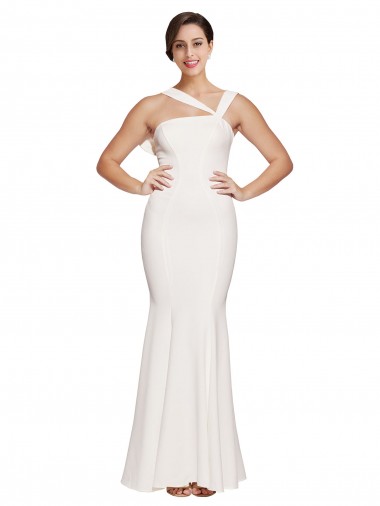 Full Length Square Neck Crepe Evening Dress with Asymmetrical Straps and Bow Back