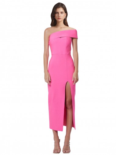 One Shoulder Neckline Short Midi Length Crepe Cocktail Evening Dress
