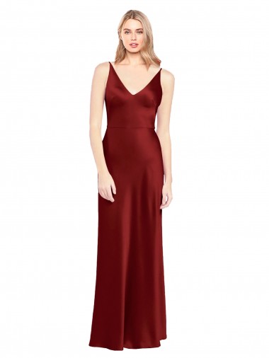 Full Length Long Stretch Satin Semi Evening Dress V-Back