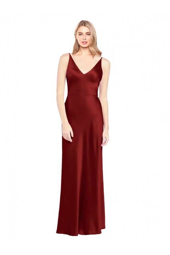 Full Length Long Stretch Satin Semi Evening Dress V-Back