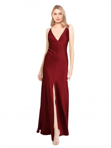 Floor Length Deep V-Back Stretch Satin Evening Dress with Front Slit