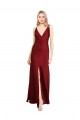 Floor Length Deep V-Back Stretch Satin Evening Dress with Front Slit