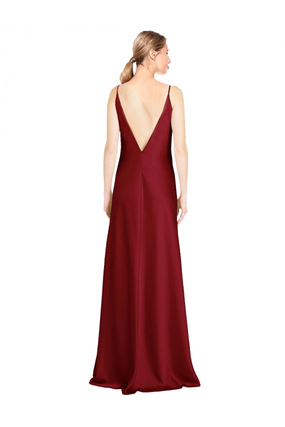 Floor Length Deep V-Back Stretch Satin Evening Dress with Front Slit