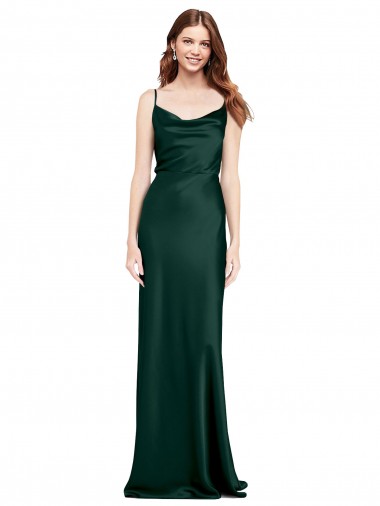 Fitted Cowl Neck Long Stretch Satin Semi Evening Dress with V-Back