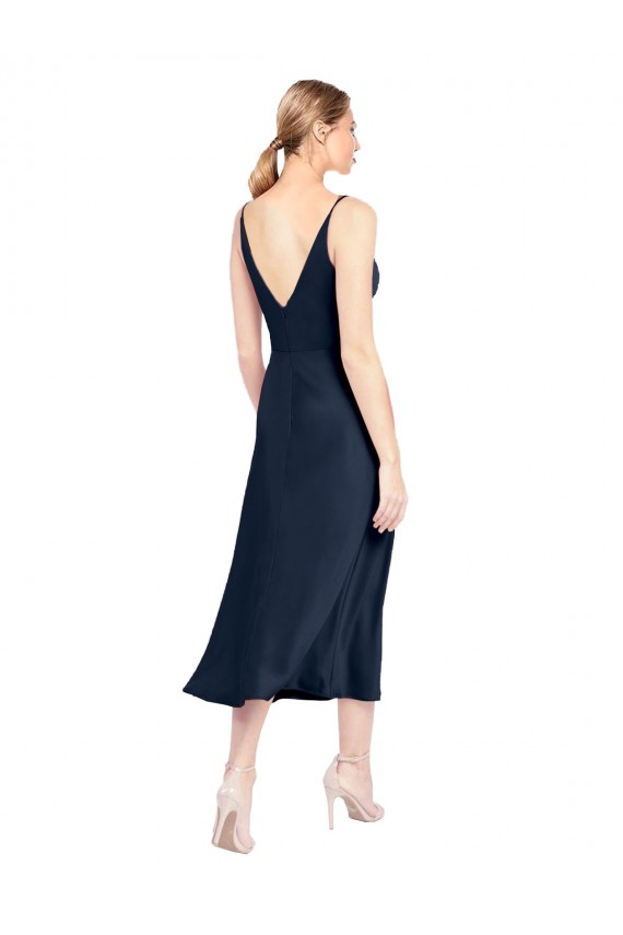 V-Neck Midi Length Short Stretch Satin Cocktail Evening Dress V-Back