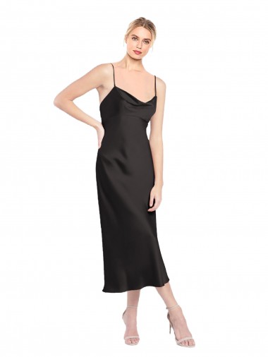Cowl Neck Midi Length Short Stretch Satin Slip Cocktail Evening Dress