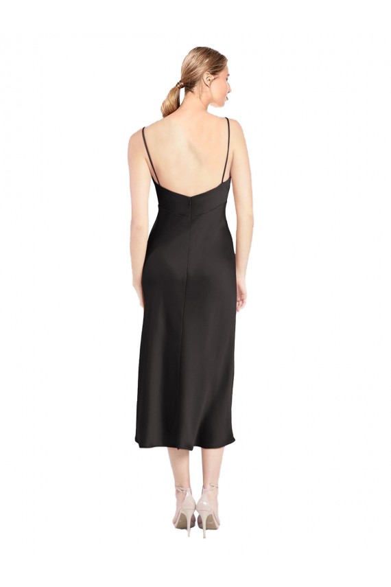 Cowl Neck Midi Length Short Stretch Satin Slip Cocktail Evening Dress