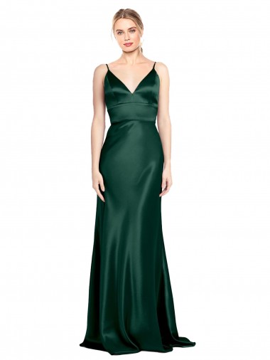 High V-Neck Long Full Length Sheath Stretch Satin Evening Dress
