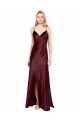 Sleek Spaghetti Straps V-Neck Stretch Satin Evening Dress with Center Front Slit