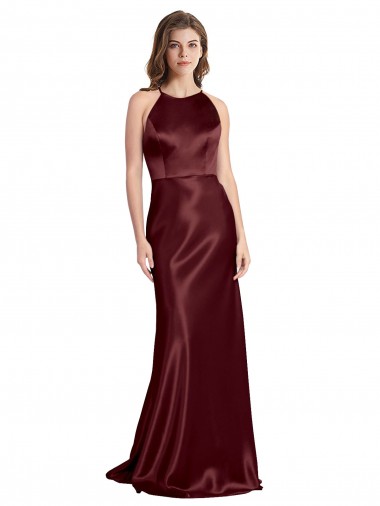High Neck Halter Long Sleeveless Stretch Satin Evening Dress with Strappy Back