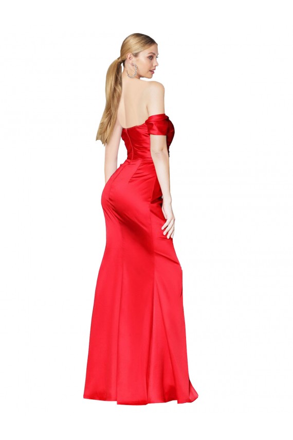 High Neck Off the Shoulder Stretch Satin Evening Dress with High Slit