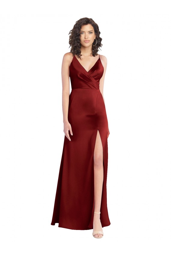 Faux Surplice Neckline Long Slim A-Line Stretch Satin Evening Dress