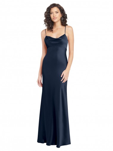 Cowl Neck Long Empire Waist Stretch Satin Evening Dress with Open Back