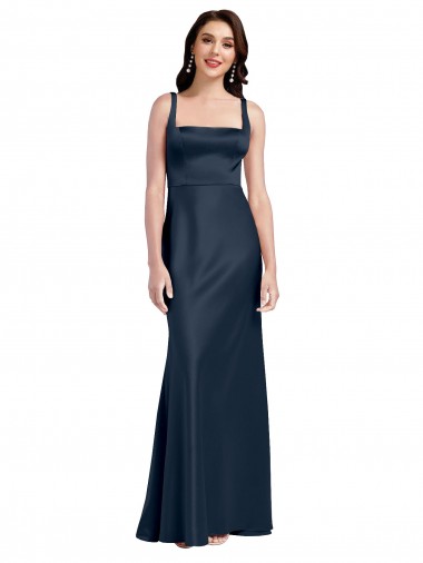 Square Neck A-Line Long Stretch Satin Evening Dress with Wide Straps