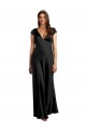 Plunging V-Neck Cap Cleeves Long Stretch Satin Evening Dress with Keyhole Back