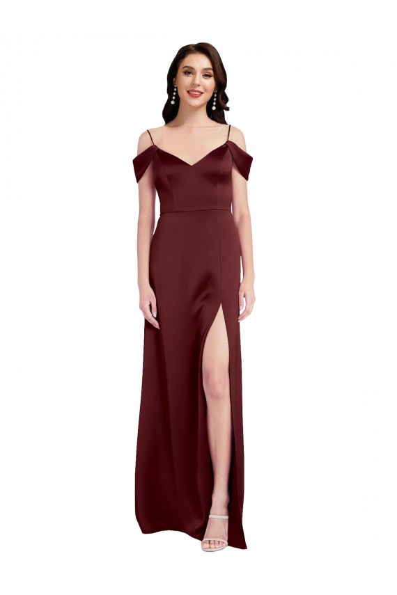 Draped Off the Shoulder Sleeves Slim A-Line Stretch Satin Evening Dress with Side Slit