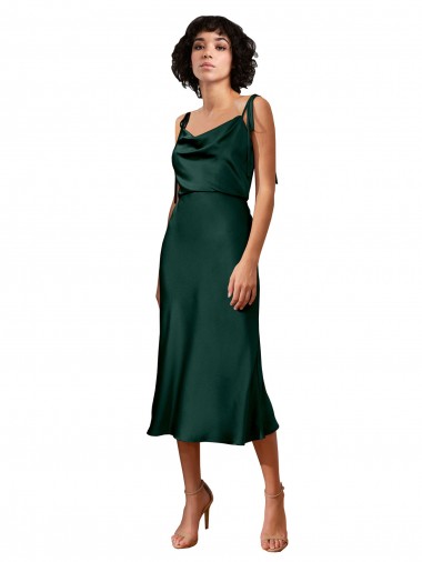Spaghetti Straps Tie Shoulders Cowl Neck Short Midi Length Stretch Satin Cocktail Evening Dress