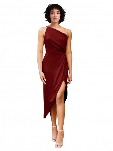 One Shoulder Midi Length Short Stretch Satin Wrap Style Cocktail Evening Dress