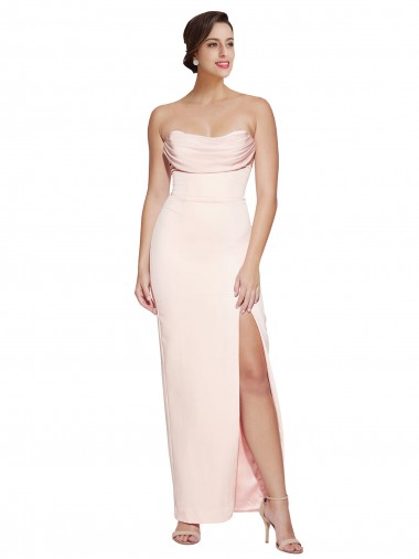 Cowl Neck Strapless Stretch Satin Evening Dress with High Split