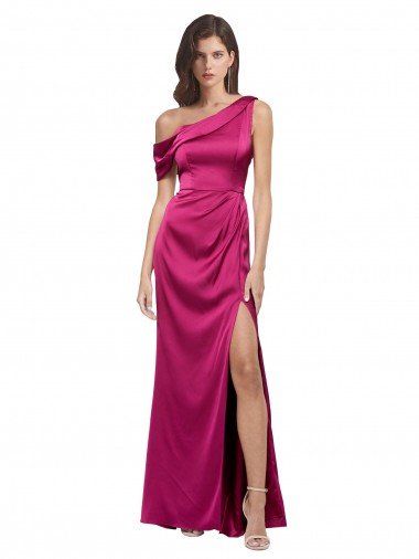 Off the Shoulder Short Sleeves Stretch Satin Evening Dress with Side Slit