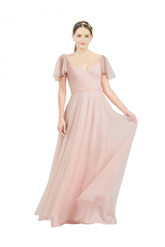 Long V-Neck Flutter Sleeves Tulle Evening Dress