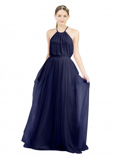 Long A-Line High Neck Halter Tulle Evening Dress