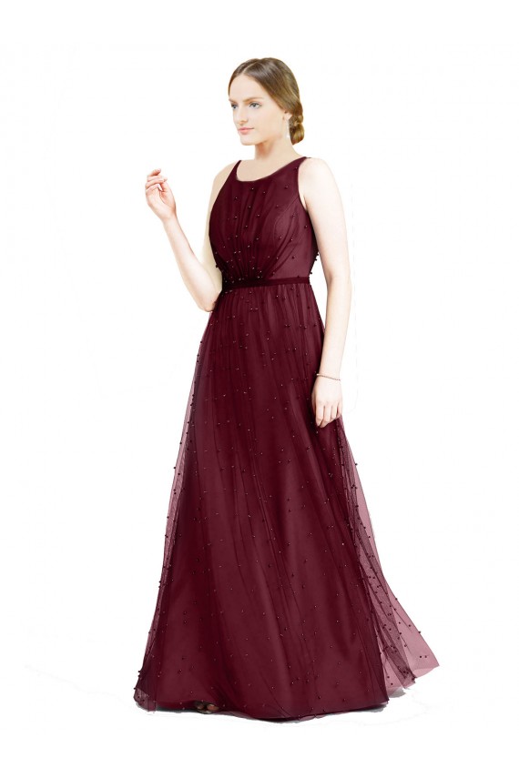 Sleeveless Boat Neck Long Pearl Tulle Evening Dress with Keyhole Back