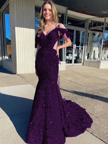 Cold Shoulder Sleeveless Long Court Train Velvet Sequin Evening Dress