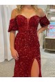 Off the Shoulder Short Sleeves Long Floor Length Velvet Sequin Evening Dress with High Slit