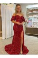 Off the Shoulder Short Sleeves Long Floor Length Velvet Sequin Evening Dress with High Slit