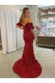 Off the Shoulder Short Sleeves Long Floor Length Velvet Sequin Evening Dress with High Slit