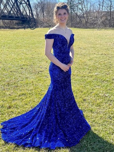 Off the Shoulder Sleeveless Long Sweep Train Velvet Sequin Evening Dress