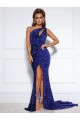 Mermaid One Shoulder Sleeveless Long Court Train Velvet Sequin Evening Dress with Slit