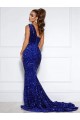 Mermaid One Shoulder Sleeveless Long Court Train Velvet Sequin Evening Dress with Slit
