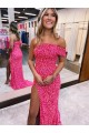 One Shoulder Sleeveless Long Sweep Train Velvet Sequin Evening Dress with Side Slit