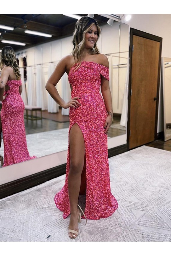 One Shoulder Sleeveless Long Sweep Train Velvet Sequin Evening Dress with Side Slit