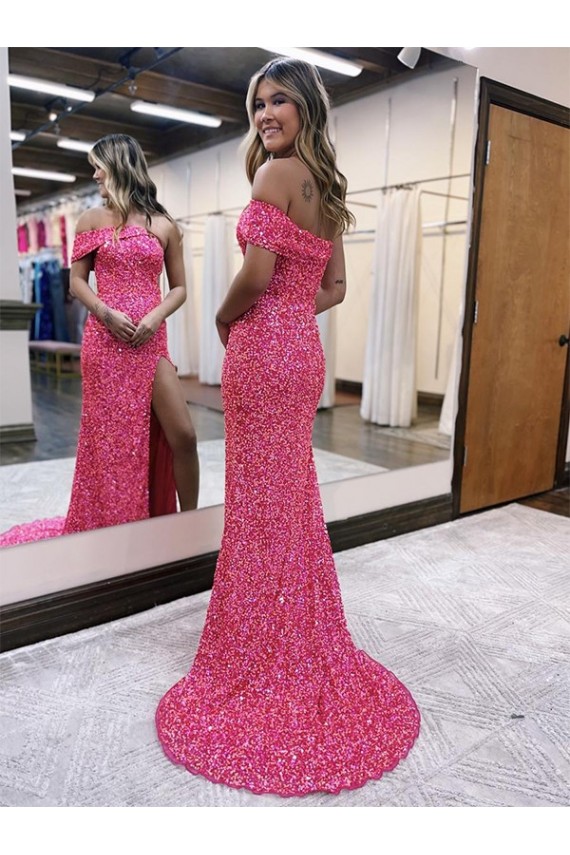 One Shoulder Sleeveless Long Sweep Train Velvet Sequin Evening Dress with Side Slit