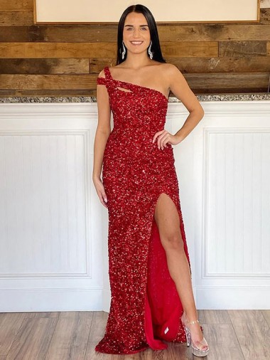 One Shoulder Sleeveless Long Sweep Train Velvet Sequin Evening Dress