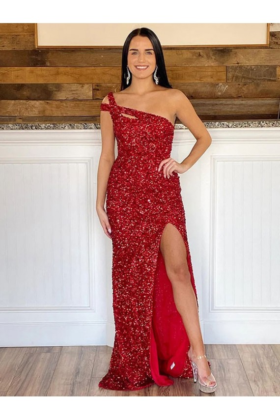 One Shoulder Sleeveless Long Sweep Train Velvet Sequin Evening Dress