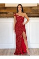 One Shoulder Sleeveless Long Sweep Train Velvet Sequin Evening Dress